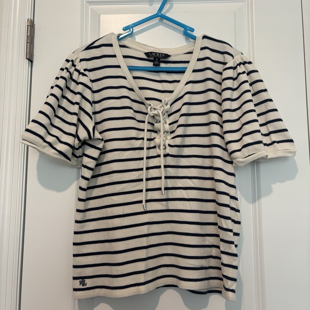 Women's Ralph Lauren Black Label Striped Lace-Up Ribbed Cotton Top size M